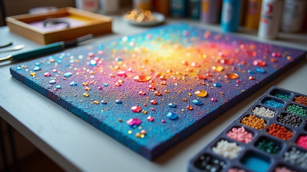 Close-up of colorful diamond art canvas with sparkling resin pieces laid out on a desk with tools and diamond trays